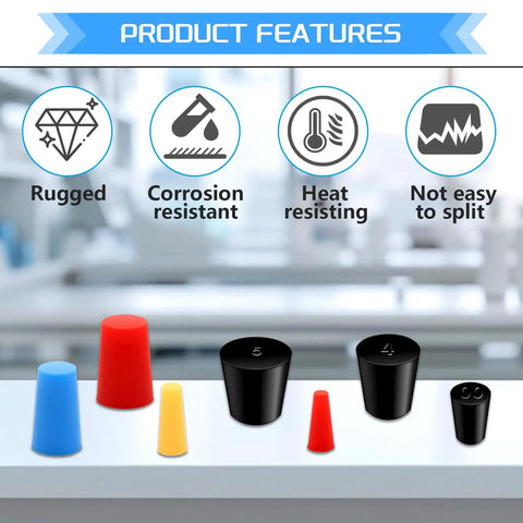 Premium JTAREA 16 Value Kit With Tapered Rubber Stopper Assortment And Colorful Silicone Plugs For Lab Flasks Chemistry Experiments Wear Resistant Solid Seals Not Easy To Deform Durable Stoppers on lab bench, assorted sizes