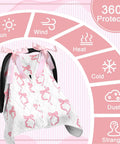 Pink Bow 2-In-1 Muslin Baby Car Seat Cover Breathable Nursing Shield showcasing 360 protection features against elements.