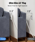 Comparison of Ultra Slim 45° Plug for No More Juggling Plugs Ultra Slim 1.5 Ft Flat Extension Cord for tight spaces.
