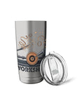Front view of stainless steel insulated tumbler with woodturning workshop graphic and clear lid