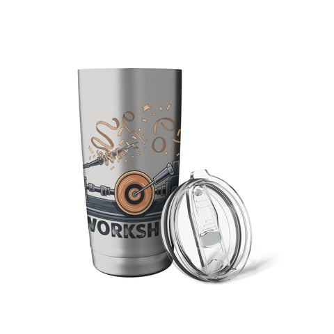 Front view of stainless steel insulated tumbler with woodturning workshop graphic and clear lid