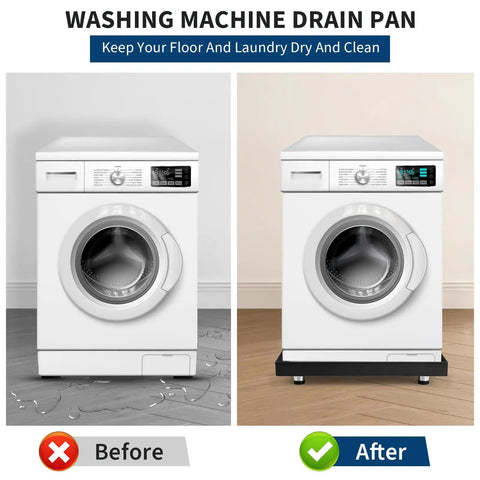 Heavy Duty Carbon Steel Washing Machine Drip Tray With Four Anti Vibration Feet 24 By 24 Inch No Hole Floor Protector shown with washer
