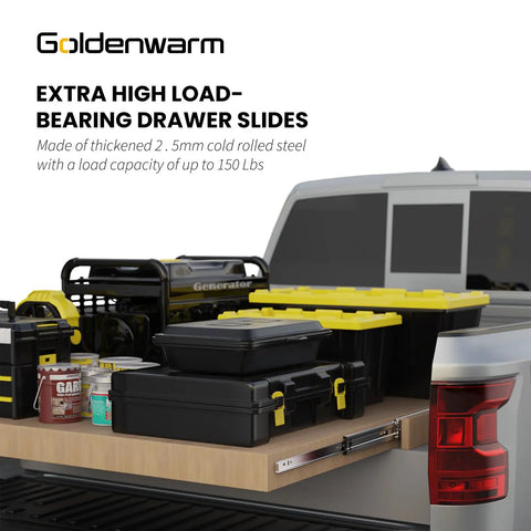 Beefy Heavy Duty 16 Inch Drawer Slides Without Lock 150 Lb Load Capacity Side Mount Full Extension Ball Bearing Cabinet Rail For RV Tool Boxes And Storage Runners Glides installed on truck bed with tools