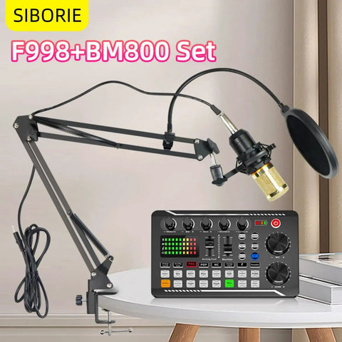 F998 Podcast Gear Bundle For TikTok And YouTube Vlogs Audio Interface And Soundboard BM800 Condenser Microphone on desk