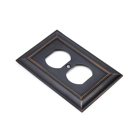 Decorative 1-Gang Duplex Wall Plate 3-Pack In Oil Rubbed Bronze Finish, Zinc Alloy Durability, angled view on white background