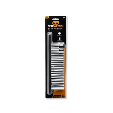 Eleven Piece Deep Socket Set For Three Eighths Inch Drive, Twelve Point SAE Sockets With Chamfered Opening and Deep Serration package
