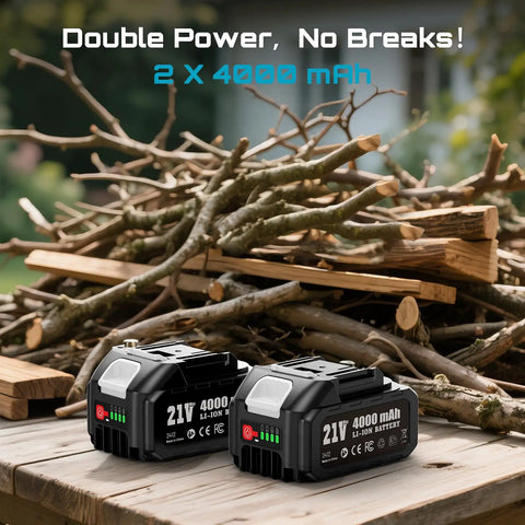 Cordless Reciprocating Saw With Brushless Motor dual 4.0Ah batteries on wood pile, ideal for wood and PVC cutting