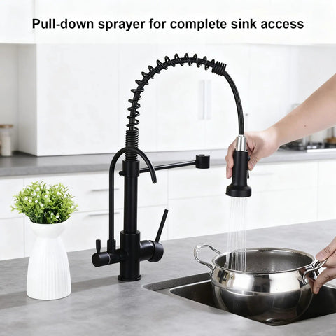 3 in 1 Spring Brushed Nickel Kitchen Faucet With High Arc, Single Hole Mount, Pull Down Sprayer in use over sink