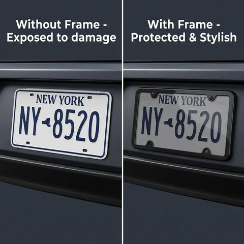Comparison of license plates with and without Clear Gray License Plate Frames With Anti Glare Vision Built Tough ABS Rustproof 2 Pack Front And Rear Plate Covers With Screws And Easy Mounting Hardware For US Standard Plates.