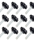 Twelve Pack Of Quarters Twenty By One Inch Star Thumb Screws With Knurled Faces providing secure clamping for woodworking and machinery.