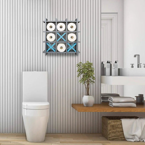 Gray Wooden Toilet Paper Holder With Tic Tac Toe Shelves for wall mount in stylish bathroom setting.