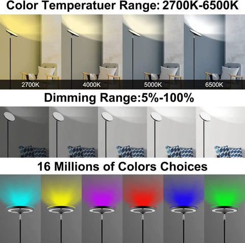 Double Sided RGB LED Floor Lamp With Remote And Smart App Control 36W 2600 Lumens showing color and dimming options