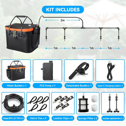 Portable Outdoor Misting System Kit With 6000mAh Pump, 20L Bucket, And 26Ft Hose includes various components for setup