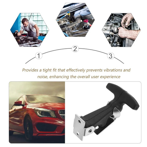 5 Pack Flexible Rubber T-Handle Draw Latches With Hood Lock for cars, shown with installation steps and black latch detail
