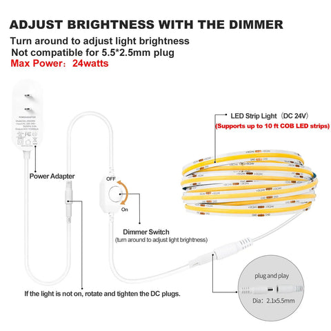 24V LED Power Supply With Dimmer Switch For DIYers Home Lighting 1A UL Listed PWM Stepless Dimming For Smooth Brightness Flicker Free Operation Reliable Constant Voltage Driver For Single Color COB LED Strips, with adapter and LED strip