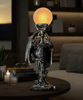 Gothic Dragon Sword Statue Table Lamp With Glowing Orb, medieval mythic guardian resin decor for home or bedroom, epic fantasy lamp.