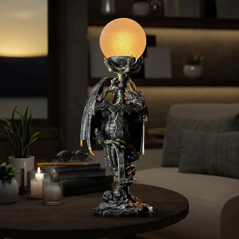 Gothic Dragon Sword Statue Table Lamp With Glowing Orb, medieval mythic guardian resin decor for home or bedroom, epic fantasy lamp.
