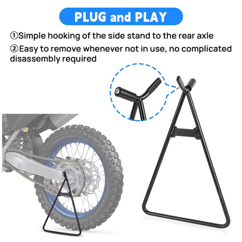 Boss Universal Triangle Kickstand Holder for Dirt Bikes 80cc to 500cc side stand mount shown supporting a bike.