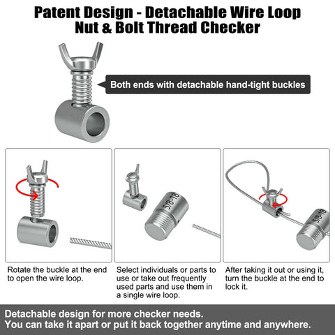 Nut And Bolt Thread Checker With Detachable Wire Loop Design showing wire loop and detachable buckles for gauge organization.