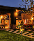 12 Pack Solar Torch Lights With Realistic Flickering Flame, 12 LEDs, IP65 Waterproof Tiki Torches illuminating a garden patio