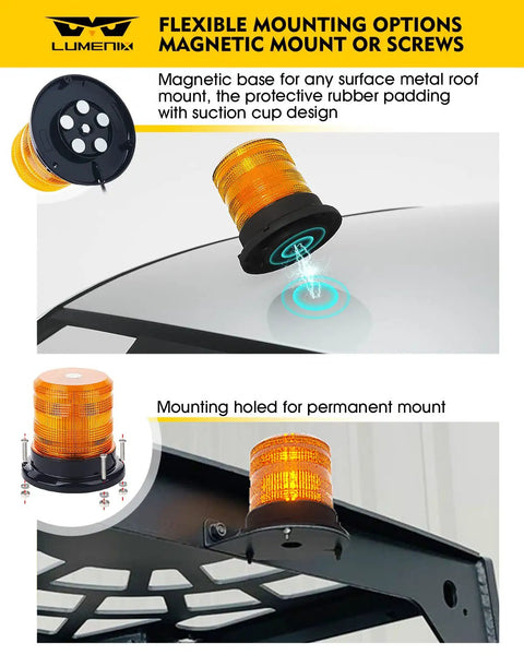 Premium 60 Led Amber Beacon Mini Strobe Light For Forklifts And Pickup Trucks showcasing magnetic and screw mount options.