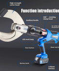 18V Battery Powered Hydraulic Wire Cutter With LED Display showing high strength cutter head, LED lamp, and battery.