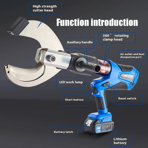 18V Battery Powered Hydraulic Wire Cutter With LED Display showing high strength cutter head, LED lamp, and battery.