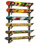 Get Your Shred Stacks Right With This Rad 6 Tier Skateboard Wall Mount Rack holding 6 skateboards on a steel frame.