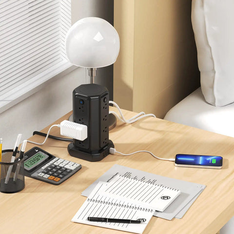 Ultimate Surge Protector Power Strip Tower With 16 Widely Spaced Outlets And 4 USB Ports, 15 Ft Extension Cord, 1080 Joules, on desk