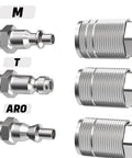 Heavy Duty Quarter Inch Air Plug With Hose Barb Slick Steel Construction Rock Solid 300 Psi Rating Badass Industrial Grade 10 Piece Pack showing various fittings.