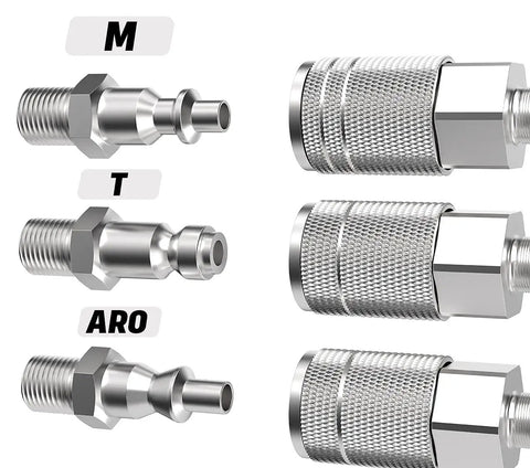 Go-To 1/4 Inch Air Hose Fittings Set with Industrial M-Type coupler, steel construction, close-up view of connectors