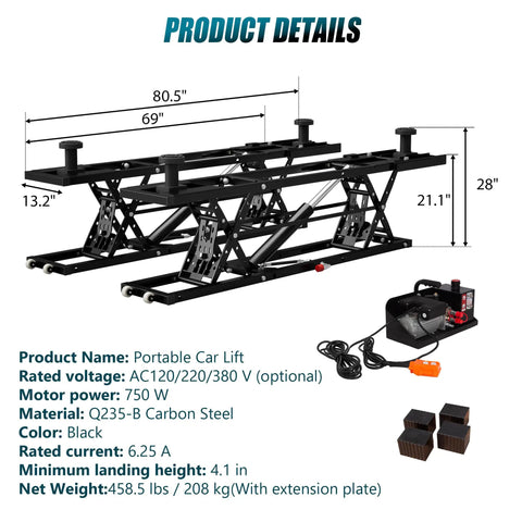 Heavy Duty Portable Hydraulic Car Lift Featuring A Hella Rugged Nine Thousand Pound Capacity Zero Drag Wheels Clean Steel Build Ideal For Home Garage Wrenchin And Serious Auto Work dimensions 80.5 x 28 x 13.2 inches