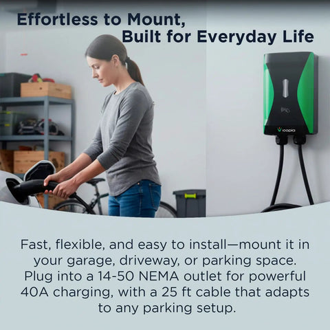 Woman installing Sapphire Pro Level 2 EV Charger 240V 48A Hardwired Or 40A NEMA Plug, Plug-And-Play Fast Smart WiFi Charger