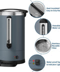 Front view of Large Capacity Stainless Steel Coffee Urn 12L Electric Coffee Maker with labels highlighting features