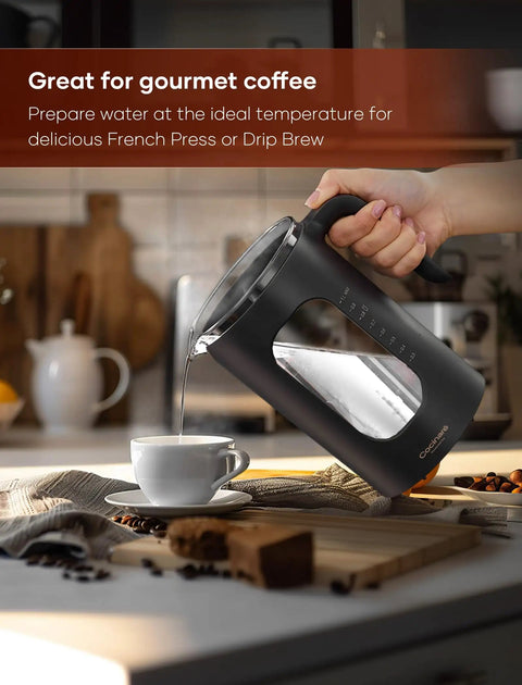 Glass Electric Tea Kettle With Tea Infuser And Precise Temperature Knob 1200W Fast Heating BPA Free pouring into a cup
