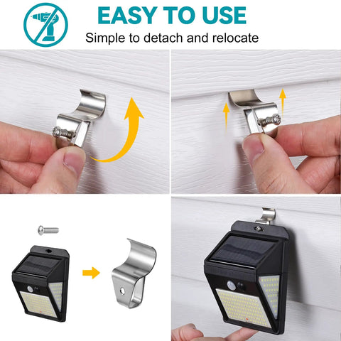No Hole Needed Vinyl Siding Clips Hanger For Solar Powered Lights Seam Mounting On Vinyl Siding No Nails No Drilling Easy Removal 304 Stainless Steel Rust Resistant 10 Pack, shown being installed and holding a solar light.