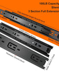 16 Inch Full Extension Drawer Slides Set, 4 Pairs (8 Pieces), Three Fold Side Mount Cabinet Glides, Black Beefy 100 Lb Capacity, Ideal For Dresser, Cabinet, Kitchen, Trash Can, Wardrobe. black 16-inch full-extension side-mount drawer slides with measurements