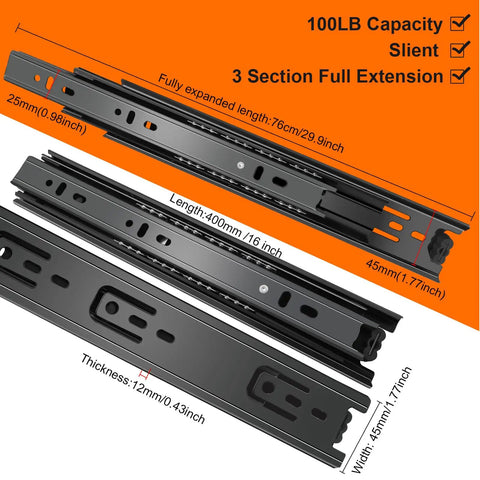 16 Inch Full Extension Drawer Slides Set, 4 Pairs (8 Pieces), Three Fold Side Mount Cabinet Glides, Black Beefy 100 Lb Capacity, Ideal For Dresser, Cabinet, Kitchen, Trash Can, Wardrobe. black 16-inch full-extension side-mount drawer slides with measurements