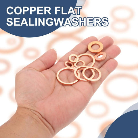 Premium Copper Flat Washers M16 20 Pack Heavy Duty round gaskets in hand for sealing hardware applications.