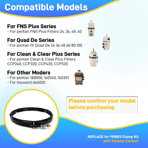 Product compatibility chart for 190003 Tension Control Clamp Kit Replacement For Pool Filter Pumps Fits FNS Series And Quad DE Series