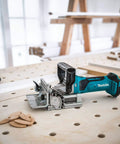 18V LXT Cordless Plate Joiner with Rack and Pinion Fence Aluminum Pivot Fence tool on workshop table