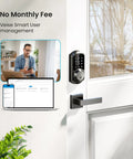 Sleek Matte Black Smart Deadbolt With Dual Lever Handles And Rock Solid App Control, showing keypad and phone management.
