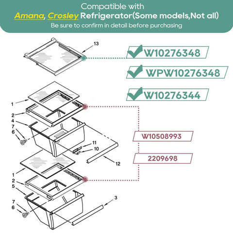 Diagram of Glass Shelf Replacement For Whirlpool Kenmore Maytag Amana Crosley Refrigerators with part numbers W10276344 W10276348