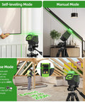 Self Leveling Green Cross Line Laser Level With 360 Degree Horizontal Beam And 140 Degree Vertical Plumb Dots Rechargeable Battery in use for room layouts with tripod in various modes.