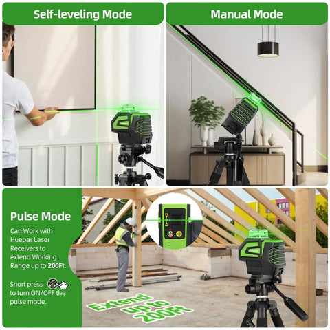 Self Leveling Green Cross Line Laser Level With 360 Degree Horizontal Beam And 140 Degree Vertical Plumb Dots Rechargeable Battery in use for room layouts with tripod in various modes.