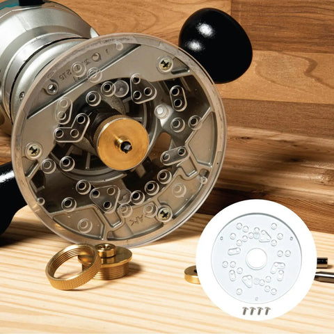 Must Have Router Base Plate Acrylic Five And Three Quarter Inch With Screws And Pre Drilled Holes For Trim And Plunge Routers Pro Grade Durable Clear Guide Bushing Plate Fits Bosch DeWalt Makita Porter Cable And More Model 71381 shown in close-up view with pre-drilled holes and screws