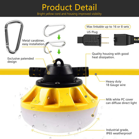 LED Construction String Lights 50Ft Industrial Grade Beefy Build For Construction Sites with metal carabiner and US plug