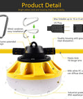 Detailed view of 100 Ft LED Construction String Lights With 10 Bulbs On E26 Sockets, showing metal carabiner and weatherproof housing.