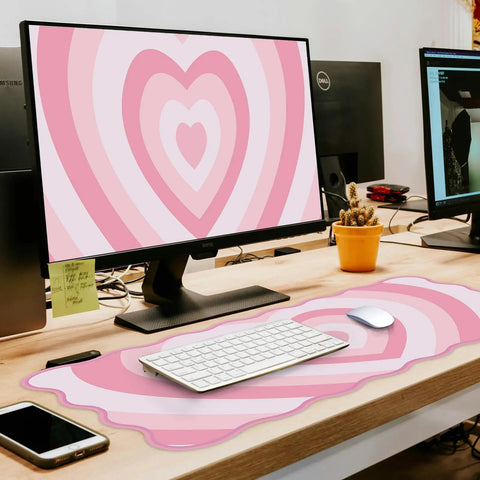 Pink Heart XXL Mouse Pad With Scalloped Edge Large Desk Mat For Gaming And Work Non Slip Rubber Base Waterproof Desktop Pad For Laptop And Computer 35.4 By 15.7 Inches Cute Pink Office Accessory on office desk