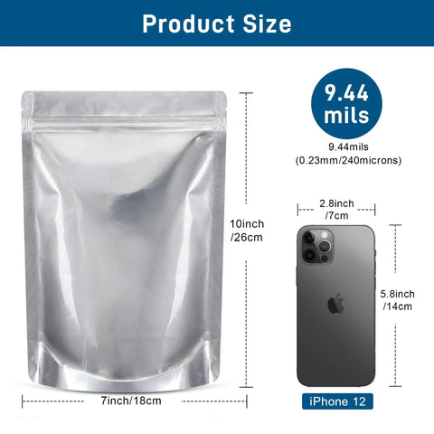 50 Pack Mylar Bags For Food Storage With Clear Window In 1 Quart Size, Reusable Pouches, 9.44 Mil Thick, size compared to smartphone